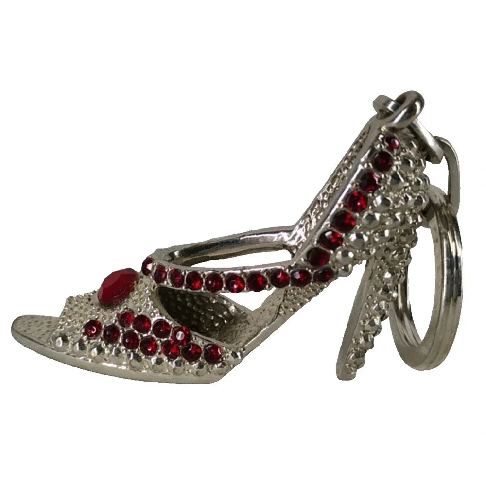 Red Rhinestone Silver Tone Metal High Heel Shoe Shoes Keychain‎ Purse Charm